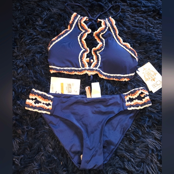 BECCA Other - Nwt becca navy blue with embroidered trim bikini top=medium bottom=small